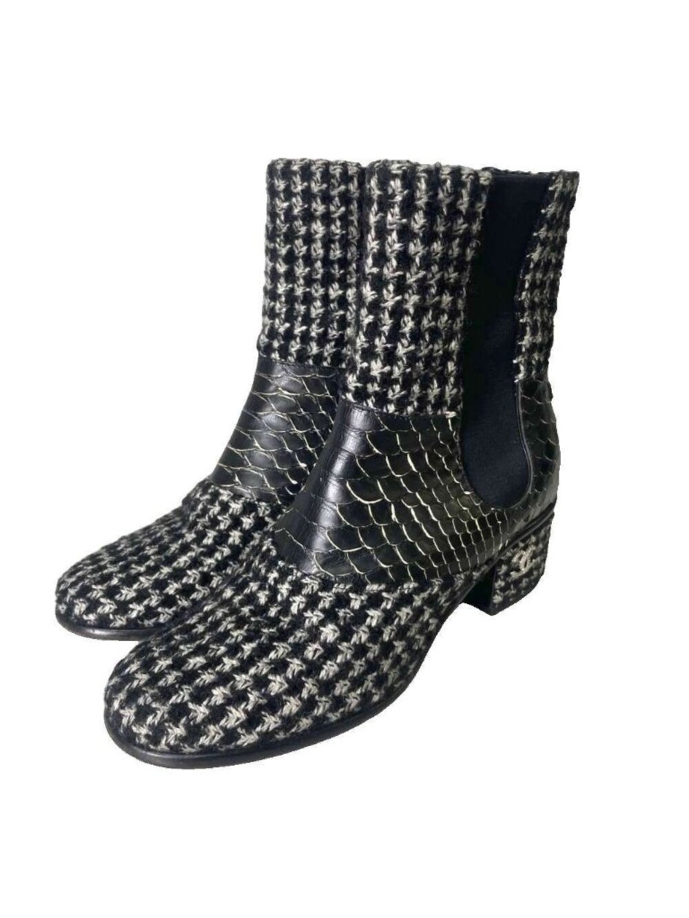 Chanel Tweed Python Pattern Short Boots Side Gore CC Logo Black